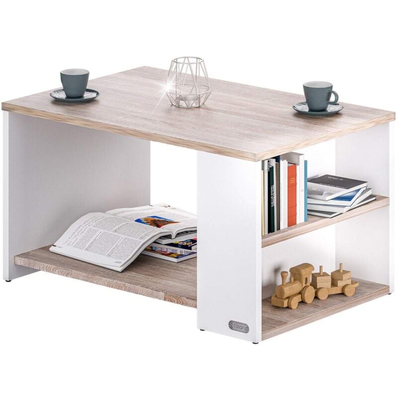 Casaria - Table basse rectangulaire 90x59x48 cm Table de salon 50kg Table basse moderne design avec rangement Blanc chêne sonoma
