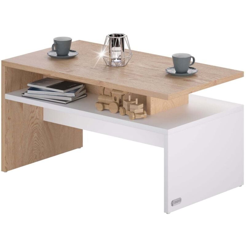 Casaria - Table basse rectangulaire 95x55x50cm Table basse design moderne Table de salon 50kg avec 2 niveaux de rangement Blanc chêne sonoma