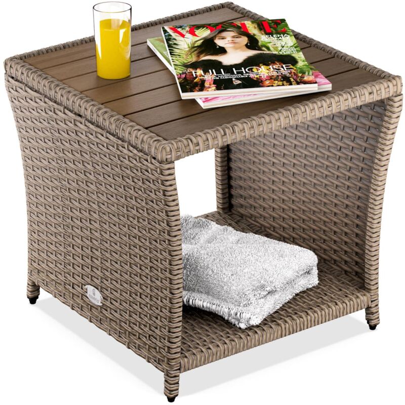 CASARIA® Table d'appoint en polyrotin 45x45x40cm avec plateau en bois d'acacia Petite table basse de jardin balcon extérieur Crème