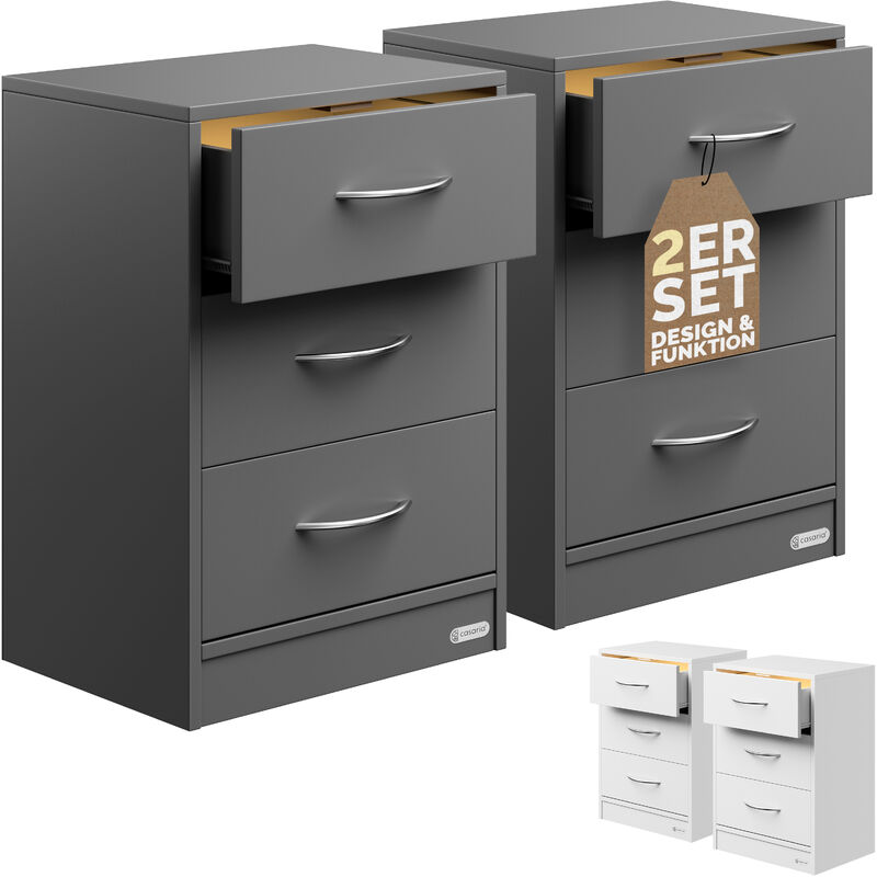 Table de nuit 3 tiroirs 54x39x28cm table de chevet pour chambre à coucher petit meuble intérieur rangement-Set de 2 anthracite avec led - Casaria