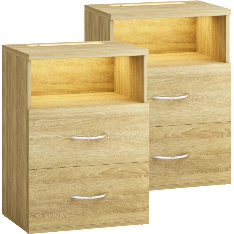 Table de nuit avec éclairage led Touch 40x28x55cm en Bois 2 tiroirs Table de chevet Chambre à coucher Salon Set de 2 chaises chêne sonoma - Casaria
