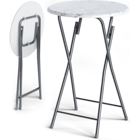 Casaria – Table haute pliante Ø 60 cm – Structure en métal – Plateau MDF blanc aspect marbre – Hauteur 110,5 cm – Usage intérieur et extérieur