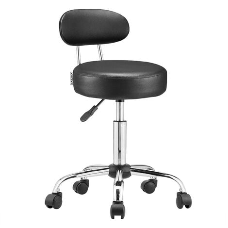 CASARIA® Tabouret à roulettes avec dossier confortable pivotable 360° réglable en hauteur avec repose-pieds bureau-Noir