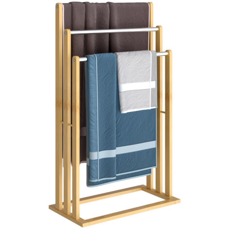 CASARIA® Toallero de madera bambú con valleros de acero inoxidable capacidad de carga de hasta 15Kg 84x46x24cm Baño 1x