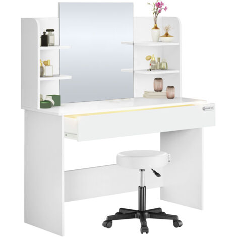 CASARIA® Tocador Maquillaje Taburete Espejo Mesa Belleza 110 cm Sensor Luz Cajonera 3 Compartimentos 4 Estantes Vestidor Dormitorio Habitación Blanco With Stool (en)