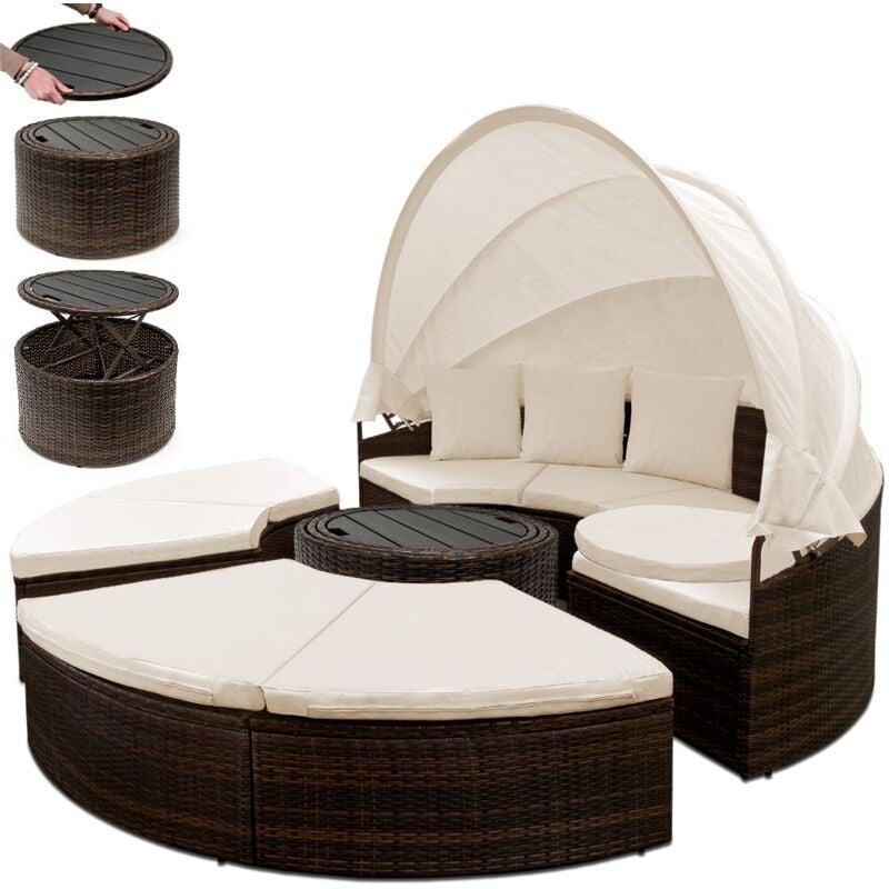 

Tumbona de Ø185cm de Poliratán con mesa de material WPC cojines isla cama de sol para terraza patio exterior Marrón - Marrón - Casaria