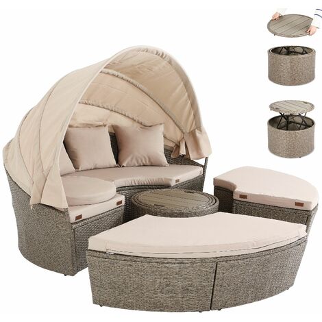 CASARIA® Tumbona isla cama de poliratán Ø185 cm Gris Beige Techo plegable Mesa WPC Cojines de 7cm de grosor Exterior Jardín terraza patio