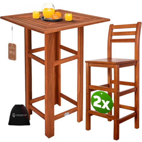 CASARIA® Wooden Bar Table Set with 2x High Bar Stools with Backrest Outdoor Indoor Solid Acacia Wood 110x75x75cm Weatherproof Rustic Garden Balcony Patio Furniture