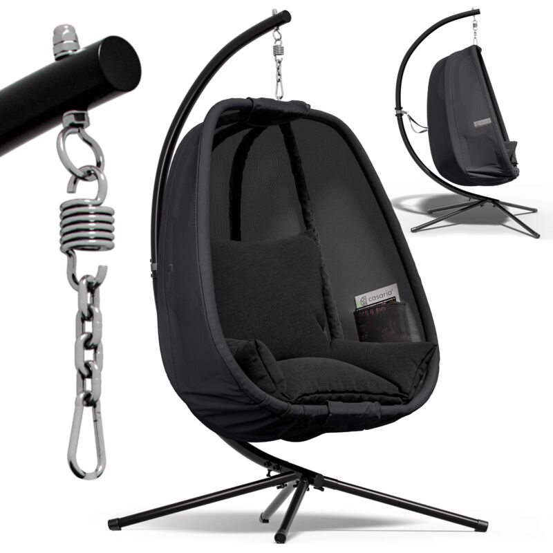Casaria Xxl Hanging Garden Egg Chair With 2 Side Pockets And Cushion Balcony Enclosed Swing Seat 150kg Load Capacity Stable Stand Steel Frame Indoor Outdoor