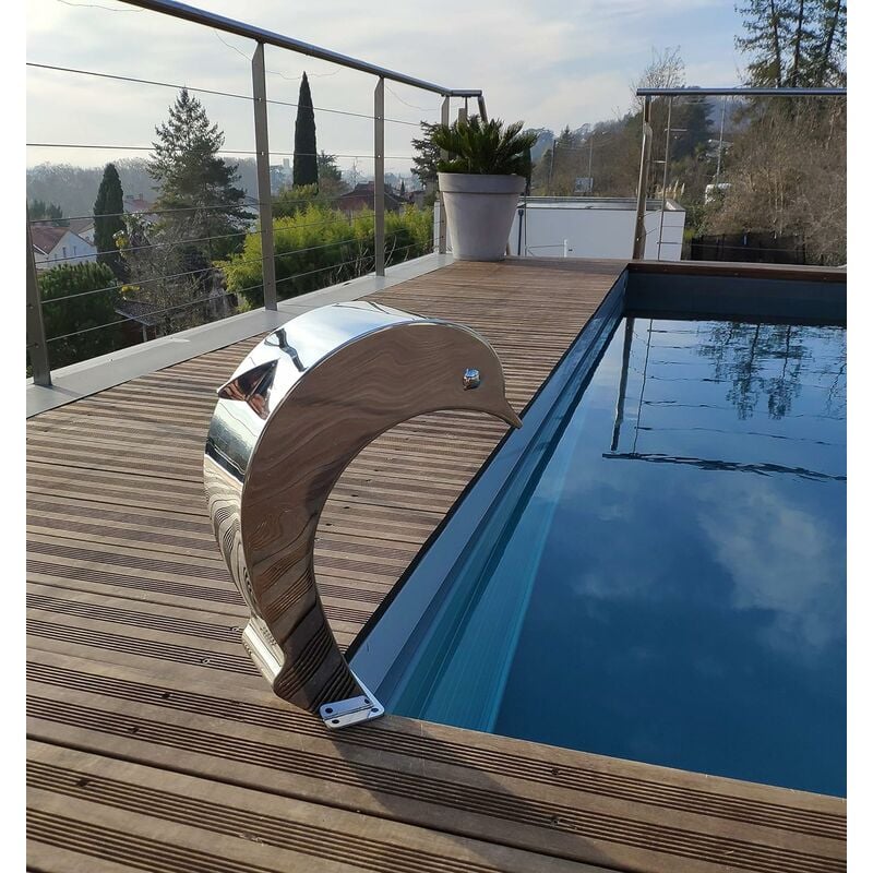 Cascade Inox 316 Fontaine Piscine Bassin Modèle Dauphin Avec Oeuil et Aileron Hauteur 41cm / Larg 16,8cm