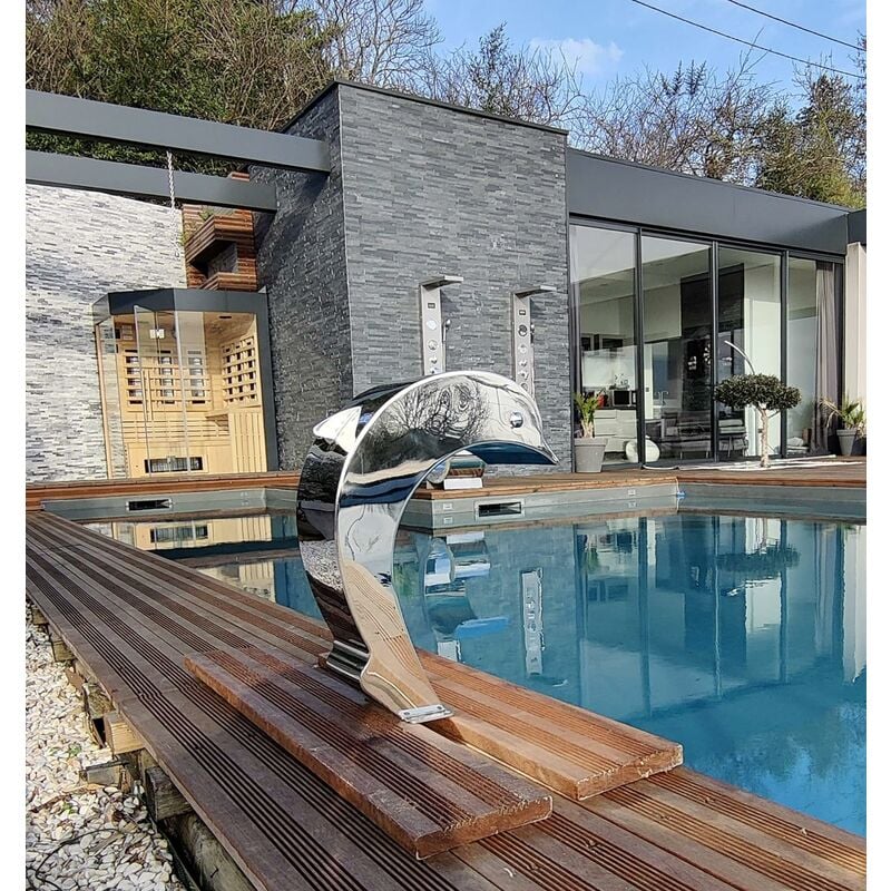 Cascade Inox Fontaine Piscine Bassin Modèle Dauphin avec Oeuil et Aileron Hauteur 41cm / Larg 16,8cm