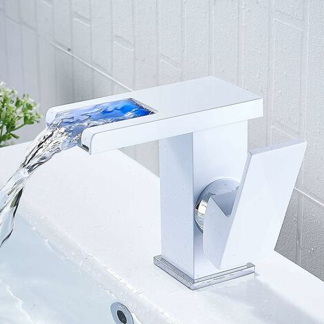 Cascade LED Robinet de salle de bain Noir Cascade Chaud Froid Comptoir Lavabo Lavabo Salle De Bains Robinet (Blanc)
