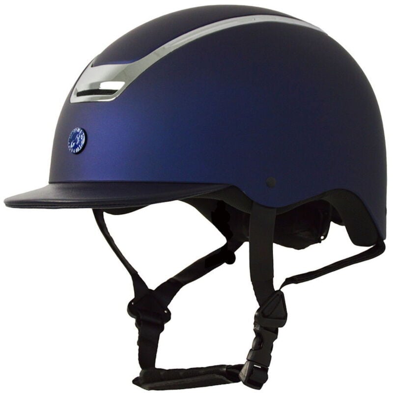 Image of Casco da equitazione con calotta opaca a visiera stretta in pelle e frame cromato: 60-61 CM, blu