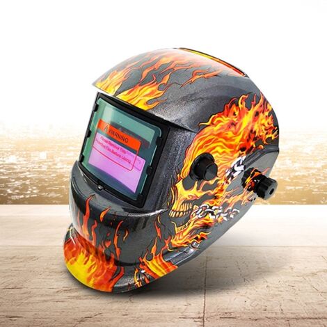 Casco da saldatura con oscuramento automatico, design a teschio fiammeggiante, maschera da saldatura, cappuccio da saldatura con sensori, casco da saldatura alimentato ad energia solare con intervallo