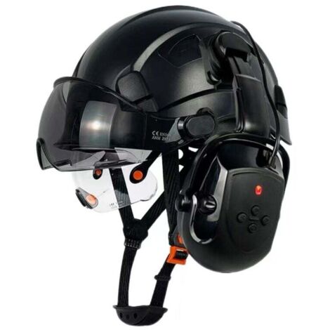 Casco de seguridad con visera Bluetooth, orejeras SNR 26 dB, casco de seguridad con visera, orejeras montadas, cascos de seguridad ANSI ventilados (gorra negra CR08 + gafas de seguridad CS + orejeras)