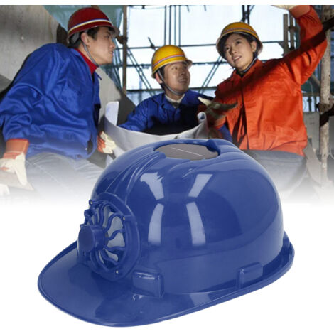 Casco de seguridad ventilado con energía solar y ventilador integrado, para equipos de construcción al aire libre, color azul marino, con forro interior extraíble.