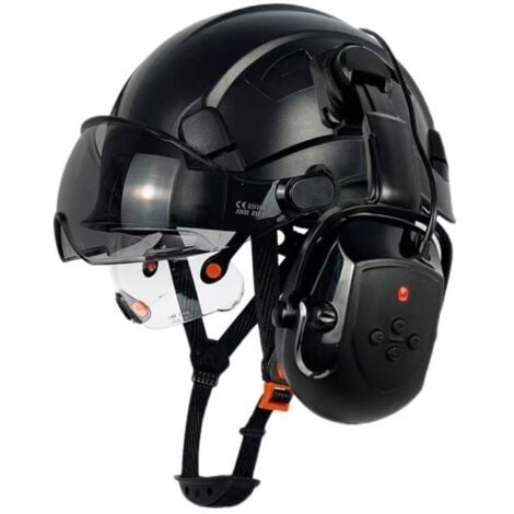 FLITI Casco di sicurezza con visiera Bluetooth, cuffie antirumore SNR 26 dB, casco di sicurezza con visiera, cuffie antirumore montate, caschi di sicurezza ANSI ventilati (calotta nera CR08 + occhiali di si