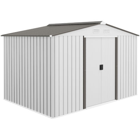 Caseta de almacenamiento para jardín, caseta metálica exterior con kit de cimentación, ventilación, puertas, 2,74 x 1,83 m, color plata.