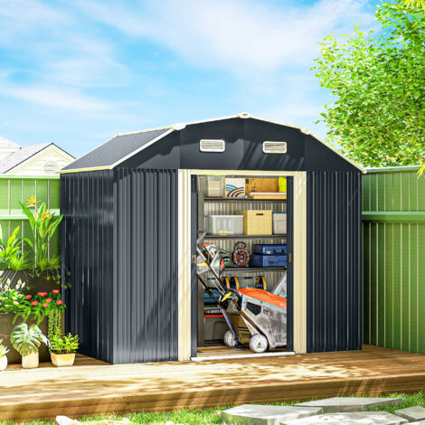 Caseta de Exterior Metálica 2,7 m² 238x132x198,5 cm con Base Estantes Ajustables 2 Puertas Corredizas y 2 Ventanas Gris