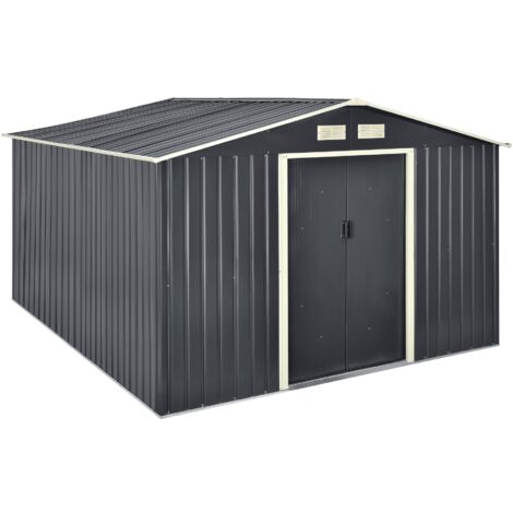Caseta de jardín 277 x 319 x 192 cm techo a dos aguas chapa de acero galvanizada gris oscuro 030007174