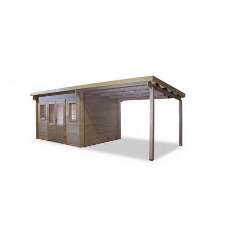 Caseta de jardín de abeto de 374x274 cm – Grosor de pared: 42 mm – Techo de acero galvanizado – Con leñera – FA4030.02B Foresta