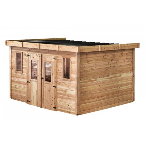Caseta de jardín de madera 280x380 cm – Espesor de pared 28 mm – Techo plano de acero – DIN4030.02 Forest