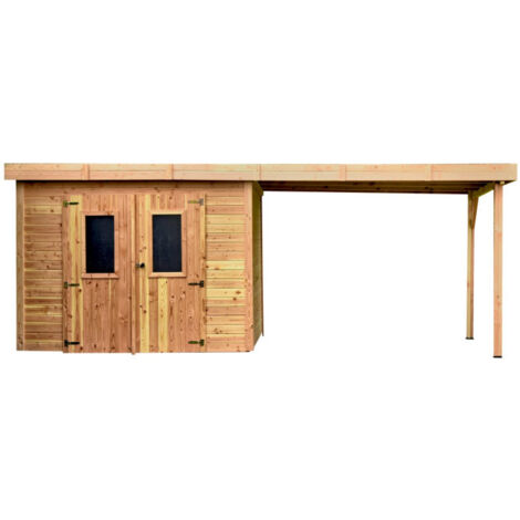 Caseta de jardín de madera 280x580 cm con leñera – Espesor de pared 28 mm – Techo plano de acero – DIN3030.02B Foresta