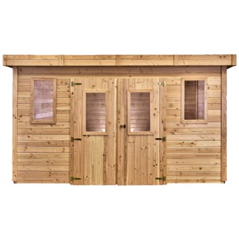 Caseta de jardín de madera 380x380 cm – Espesor de pared 28 mm – Techo plano de acero – DIN4040.02 Forest
