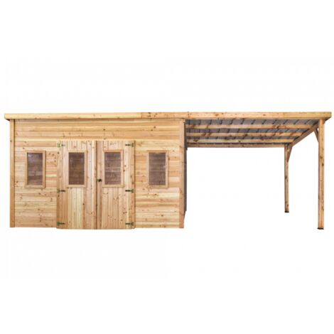 Caseta de jardín de madera 380x680 cm con leñera – Espesor de pared 28 mm – Techo plano de acero – DAN4040.02B Foresta