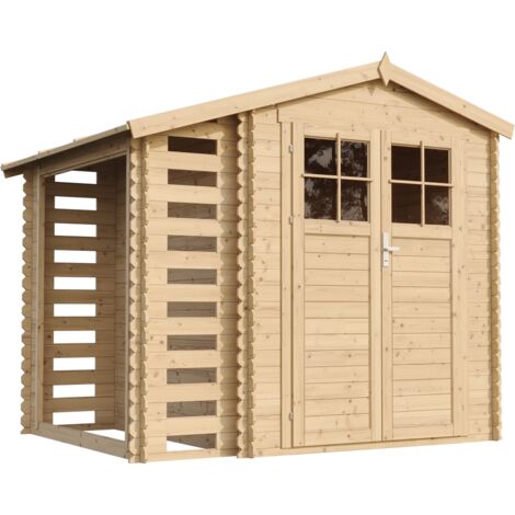 Caseta de jardín de madera con caseta de leña -Puerta con cerradura de alta calidad - caseta de jardín de madera W272xL206xH218 cm / 3.53 + 0.97 m2 TIMBELA M386F - Beige