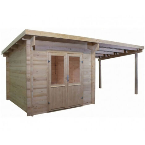 Caseta de jardín de madera con leñera 274x574 cm – Abeto 42 mm – Techo de acero galvanizado – Puerta de cristal – FA3030.02B Foresta