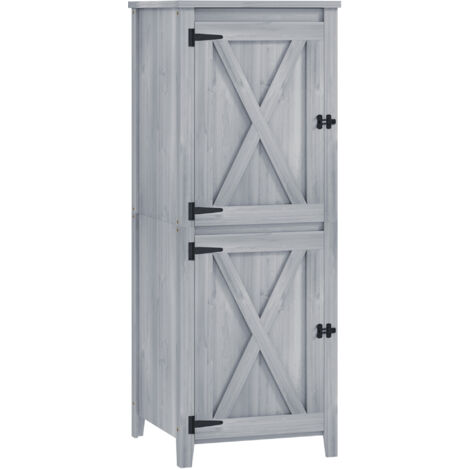 Caseta de jardín de madera, resistente a la intemperie, 60 × 60 × 160 cm, con puertas dobles y estantes, con cerradura, para jardín y terraza, color gris claro.