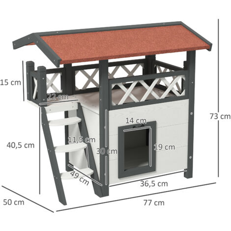 Caseta para Gatos de 2 Niveles 77x50x73 cm Refugio para Gatos con Techo Asfáltico Escalera y Balcón para Exterior Blanco