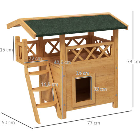 Caseta para Gatos de 2 Niveles 77x50x73cm Refugio para Gatos con Techo Asfáltico Escalera y Balcón para Exterior Natural