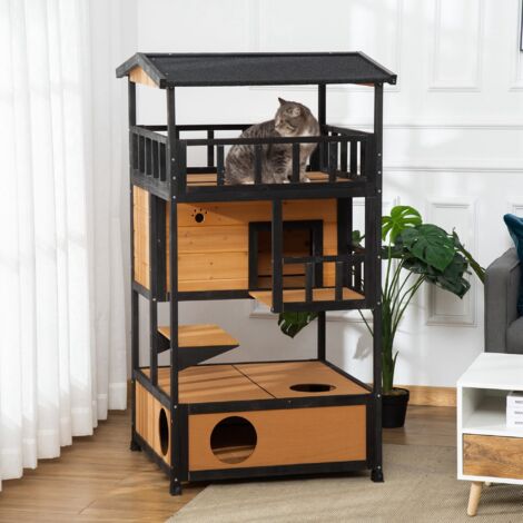 Caseta para Gatos de Madera 75,5x75x137 cm con Techo Asfáltico Plataformas para Interior y Exterior Natural
