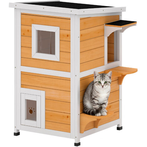 Caseta para Gatos  Exterior de 2 Niveles con Techo Abatible Panel Central Extraíble 51x51x81,3 cm Natural