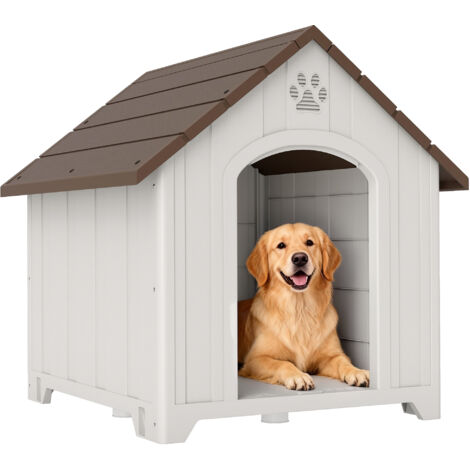 Caseta para Perros Exterior Casa para Perros Grandes de Plástico con 2 Ventanas Base Elevada Estacas Marrón Oscuro