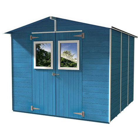 Casetta Box Capanno in Legno Azzurra per Attrezzi con 2 Porte e Finestre 238X305X214Cm