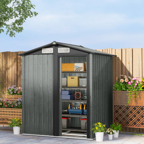 Casetta da Giardino 1.7m² in Acciaio Zincato con kit Fondazione, Capanno da Giardino Porta Attrezzi con Tetto Inclinato, 4 Prese d'Aria, Porta Scorrevole, 152x132x188 cm, Grigio Effetto Legno
