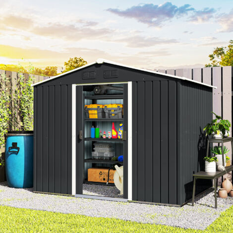 Casetta da Giardino 3.6m² in Acciaio Zincato con Prese d'Aria, Capanno da Giardino con Tetto Inclinato, Doppie Porte Scorrevoli Bloccabili, Capanno Porta Attrezzi, 236x174x190cm, Grigio Scuro