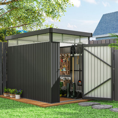 Casetta da Giardino 4m² in Acciaio Zincato con Fori di Drenaggio e Finestre Trasparenti in Acrilico, Capanno Porta Attrezzi con Tetto, Porta Bloccabili con Chiavi e Guanti, Grigio Scuro