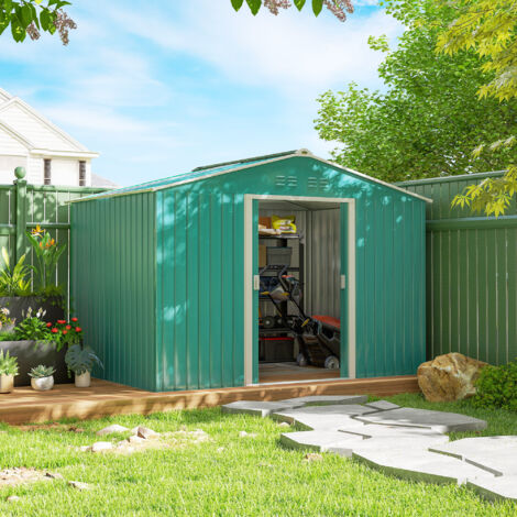 Casetta da Giardino 5m² in Acciaio Zincato con kit Fondazione, Prese d'Aria, Capanno da Giardino con Tetto Inclinato, Doppia Porta Scorrevole Bloccabile, Capanno Porta Attrezzi, Verde Scuro