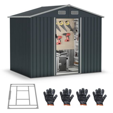 Casetta da giardino con tetto spiovente e porte scorrevoli, 4 prese d'aria, base a terra, per giardino, cortile, 235 x 171 x 196 cm