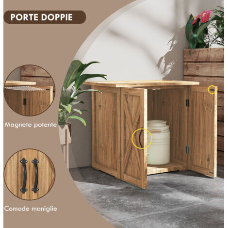 Casetta da giardino, doppia porta, chiusura magnetica, resistente alle intemperie, legno naturale, 77L x 55P x 72H cm, marrone