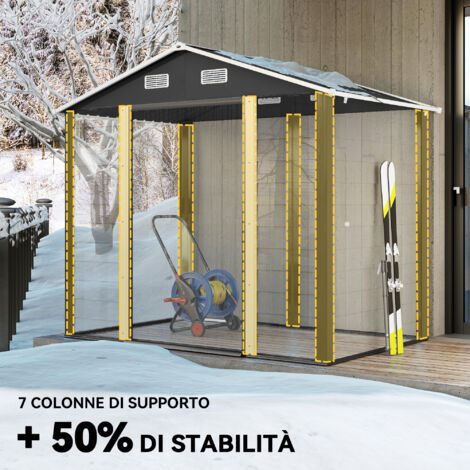 Casetta da giardino in acciaio zincato, 4,07 m², con fori di drenaggio, prese d'aria, casetta portautensili con tetto inclinato, doppie porte scorrevoli con serratura, grigio scuro