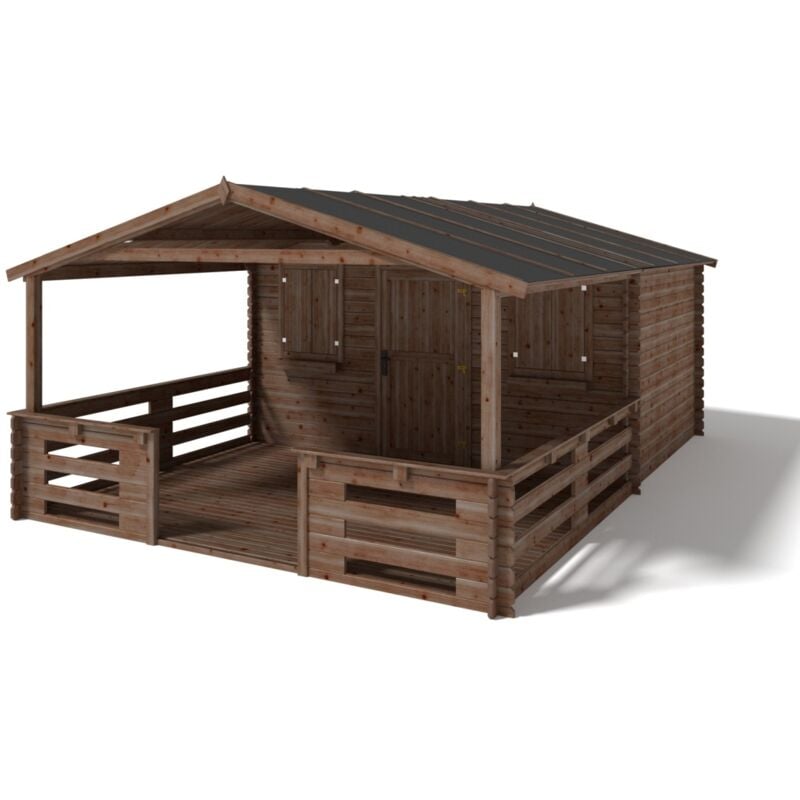 Altanka - Casetta da giardino in legno con veranda e tettoia - 24m2 - 4x3m - impregnata - 28mm - colore: marrone - DOM418+DOM541+DOM542+POD05