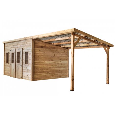 Casetta da giardino in legno Douglas 380x280 cm – Spessore pareti 28 mm – Con legnaia e tetto in acciaio – DAN4030.02B Foresta