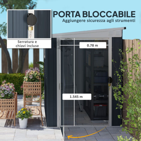 Casetta da giardino in metallo 4 x 6 piedi, ripostiglio esterno con finestra, 2 prese d'aria e porta con serratura per giardino e patio, grigio scuro.