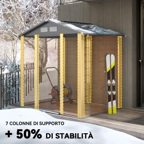 Casetta da giardino in metallo da 6,5 x 5 piedi, ideale per riporre attrezzi da giardinaggio, con ventilazione, porta scorrevole e tetto inclinato, colore marrone.