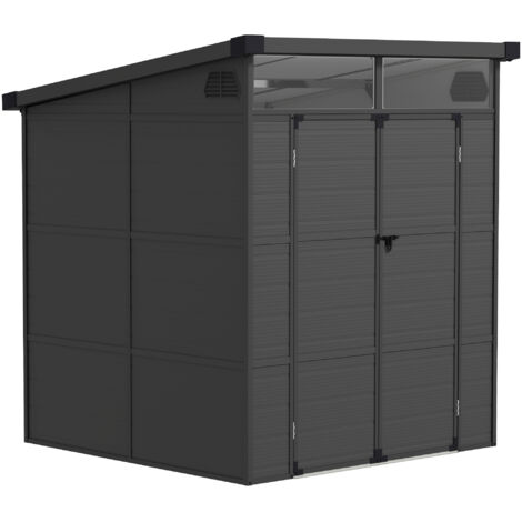 Casetta da giardino in plastica 6 x 6 piedi con finestre e prese d'aria, casetta portautensili in resina con sportelli a scatto per giardino e terrazzo, grigio scuro.
